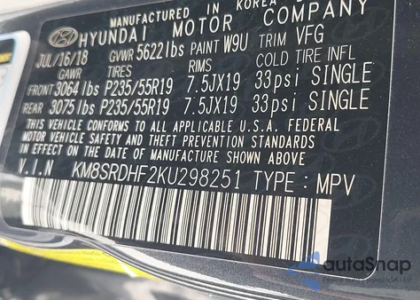 2019 Hyundai Santa Fe Xl Limited Ultimate z USA, uszkodzony, nr VIN KM8SRDHF2KU298251